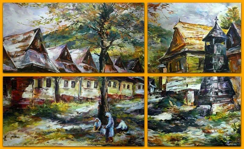 Jesenný triptych farieb s chalupami v olejomaľbe od ľudového umelca