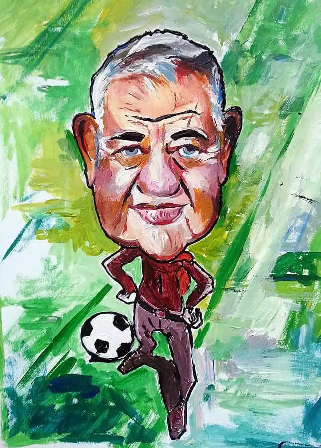 Karikatúra futbalistu na ihrisku v olejomaľbe