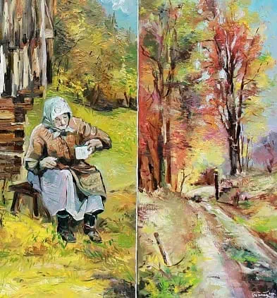 Triptych babičky s jesennou prírodou v olejomaľbe